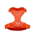 Orange dog harness with the branding name Soul and Tail and two magnetic buckles on a white background