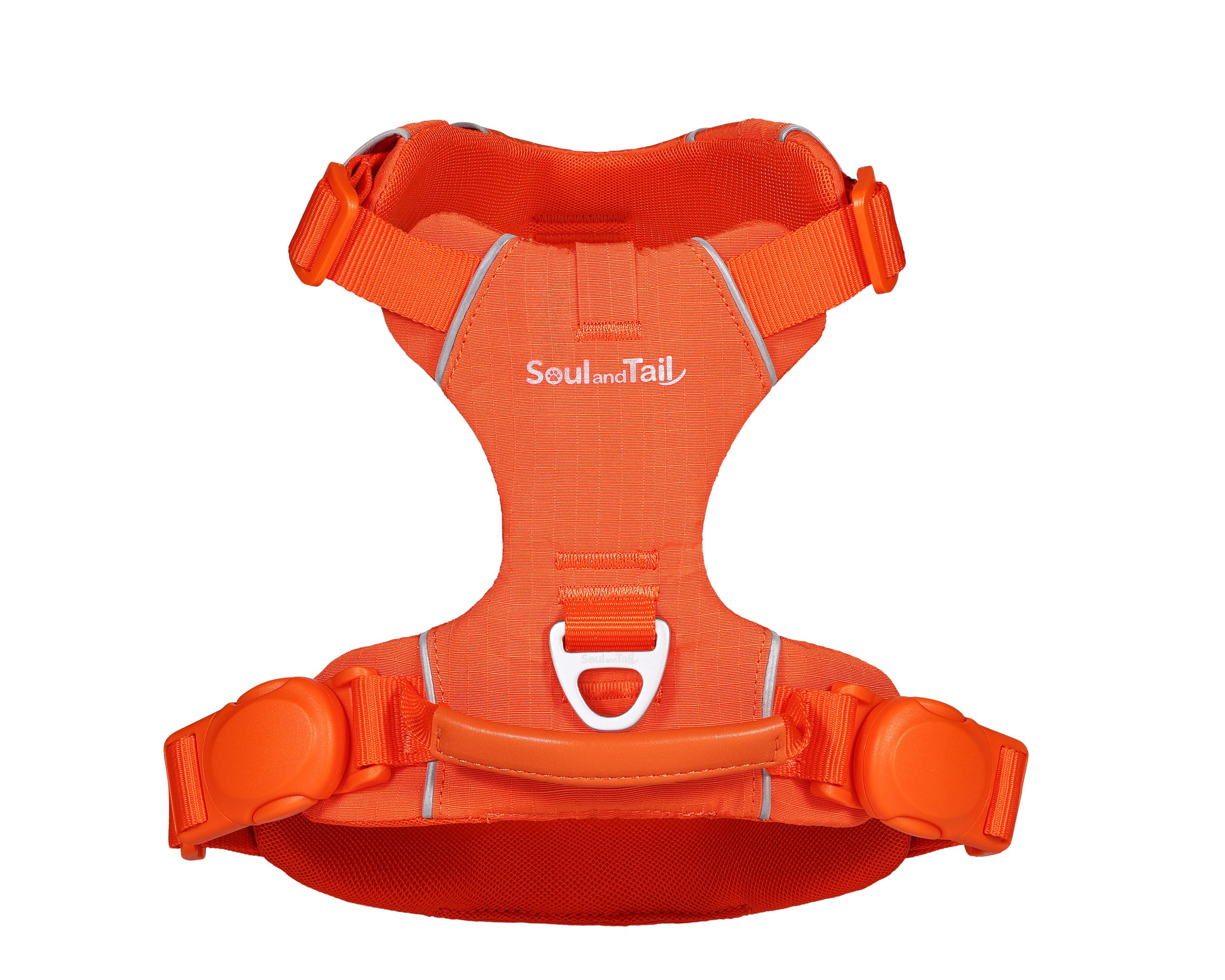 Orange dog harness with the branding name Soul and Tail and two magnetic buckles on a white background