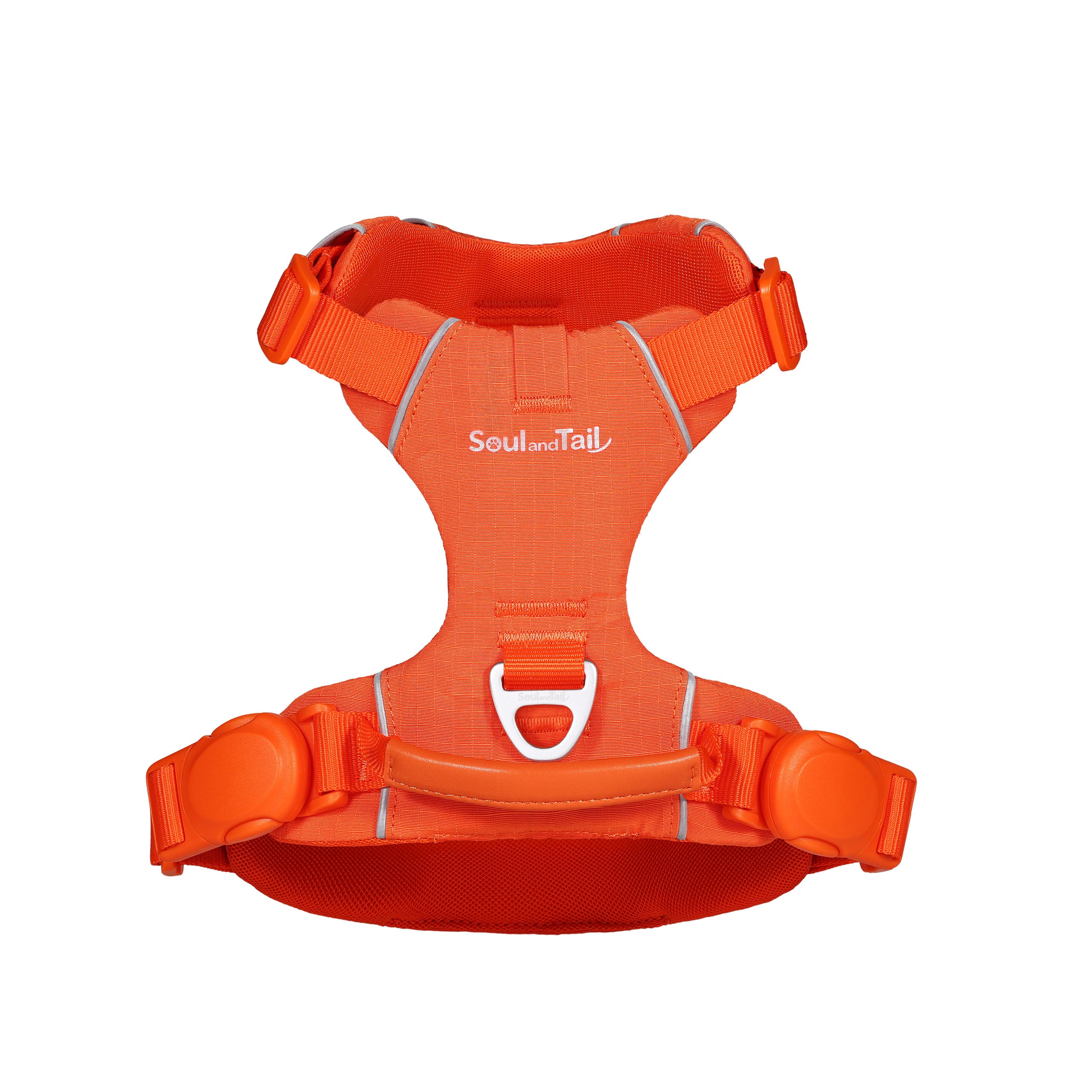 Orange dog harness with the branding name Soul and Tail and two magnetic buckles on a white background