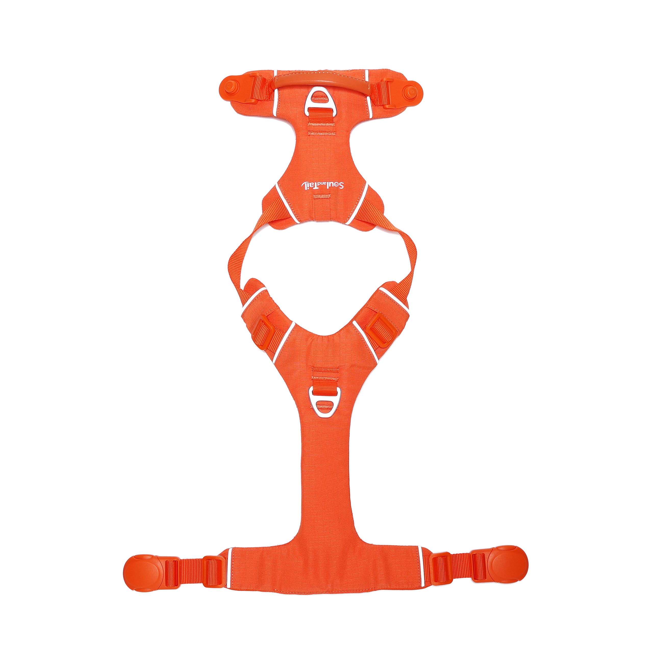 Orange dog harness lying flat on a white background