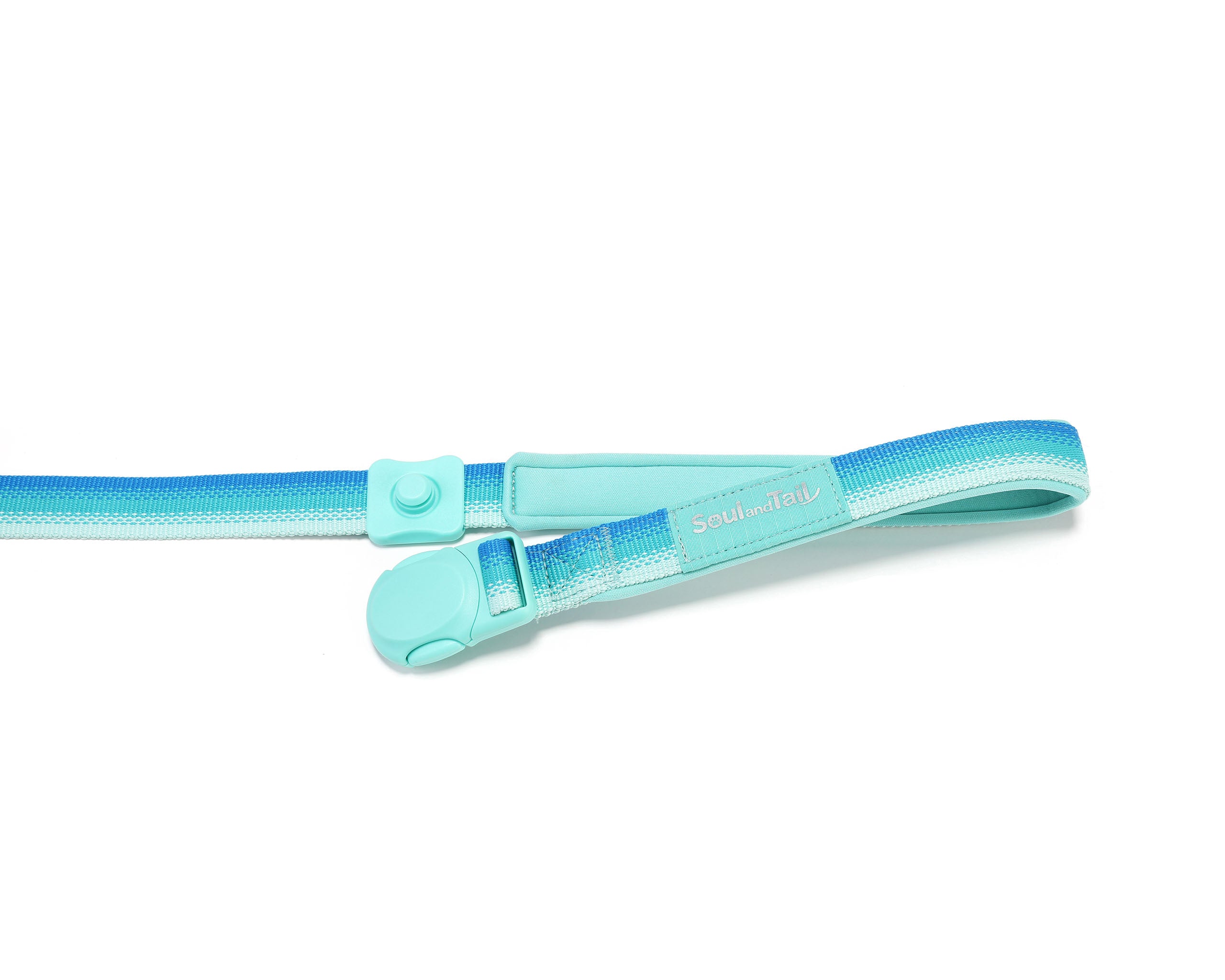 The main handle section of an aqua coast color dog leash , with the mint green magnetic buckle opened, on a white background