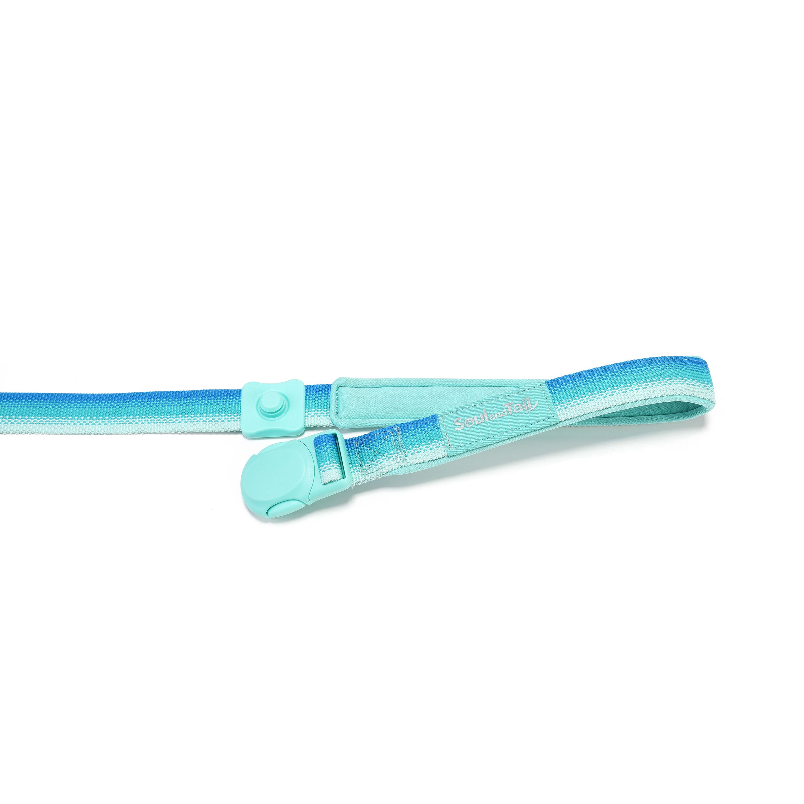 The main handle section of an aqua coast color dog leash , with the mint green magnetic buckle opened, on a white background