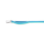 The end section of an aqua coast gradient color dog leashwith a metal clip and padded handle on a white background