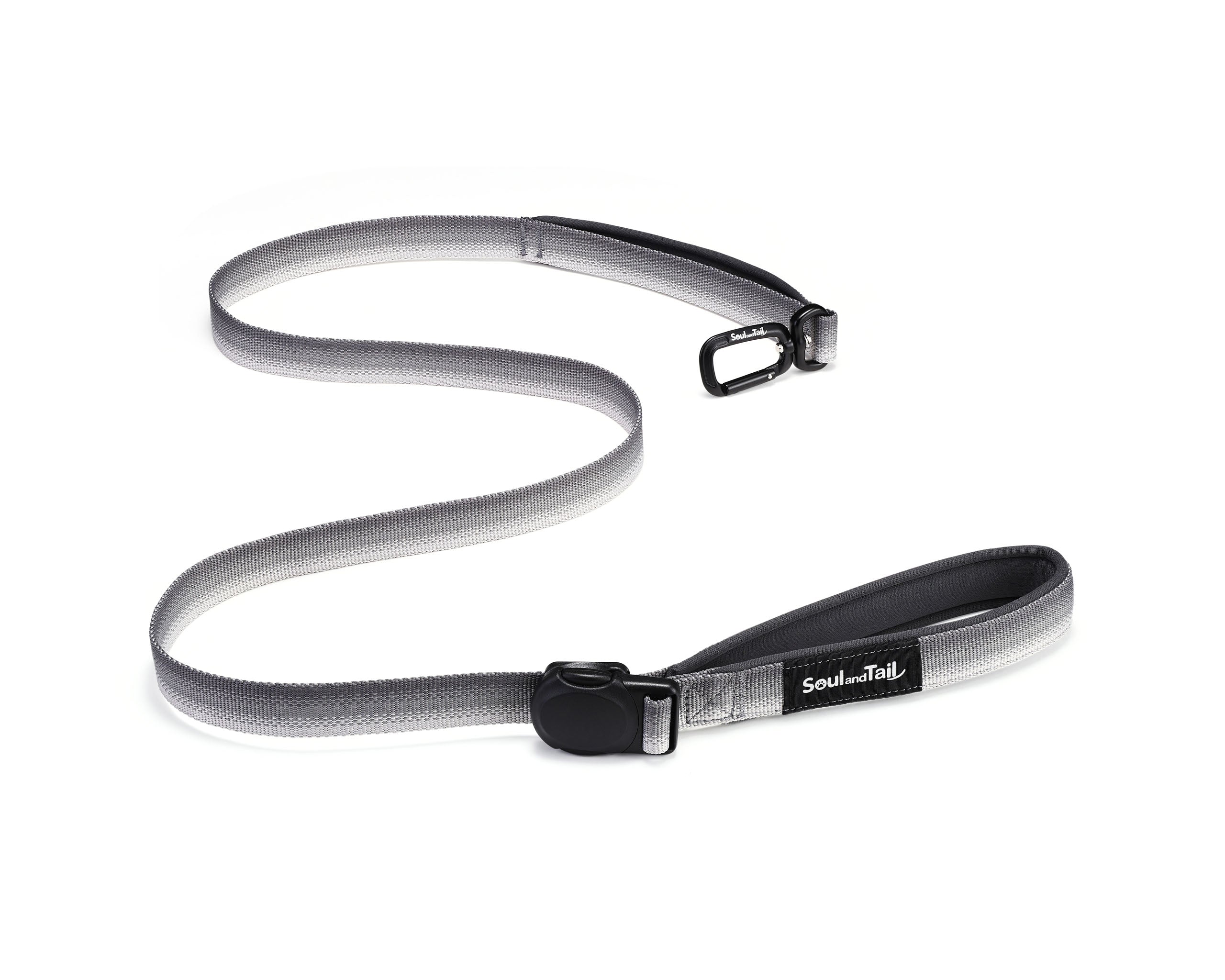 Gray Dog leash with black clip and black magnetic buckle on a white background