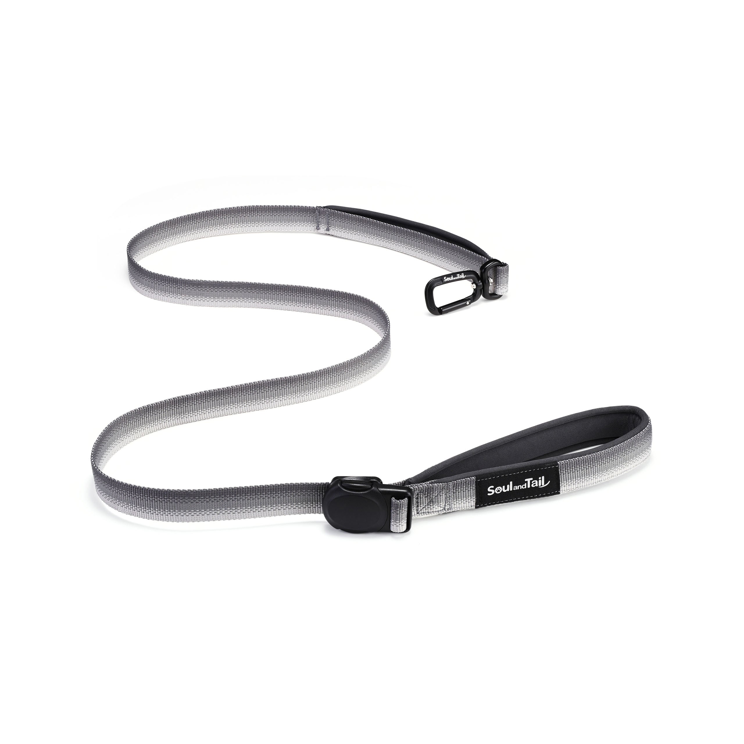 Gray Dog leash with black clip and black magnetic buckle on a white background