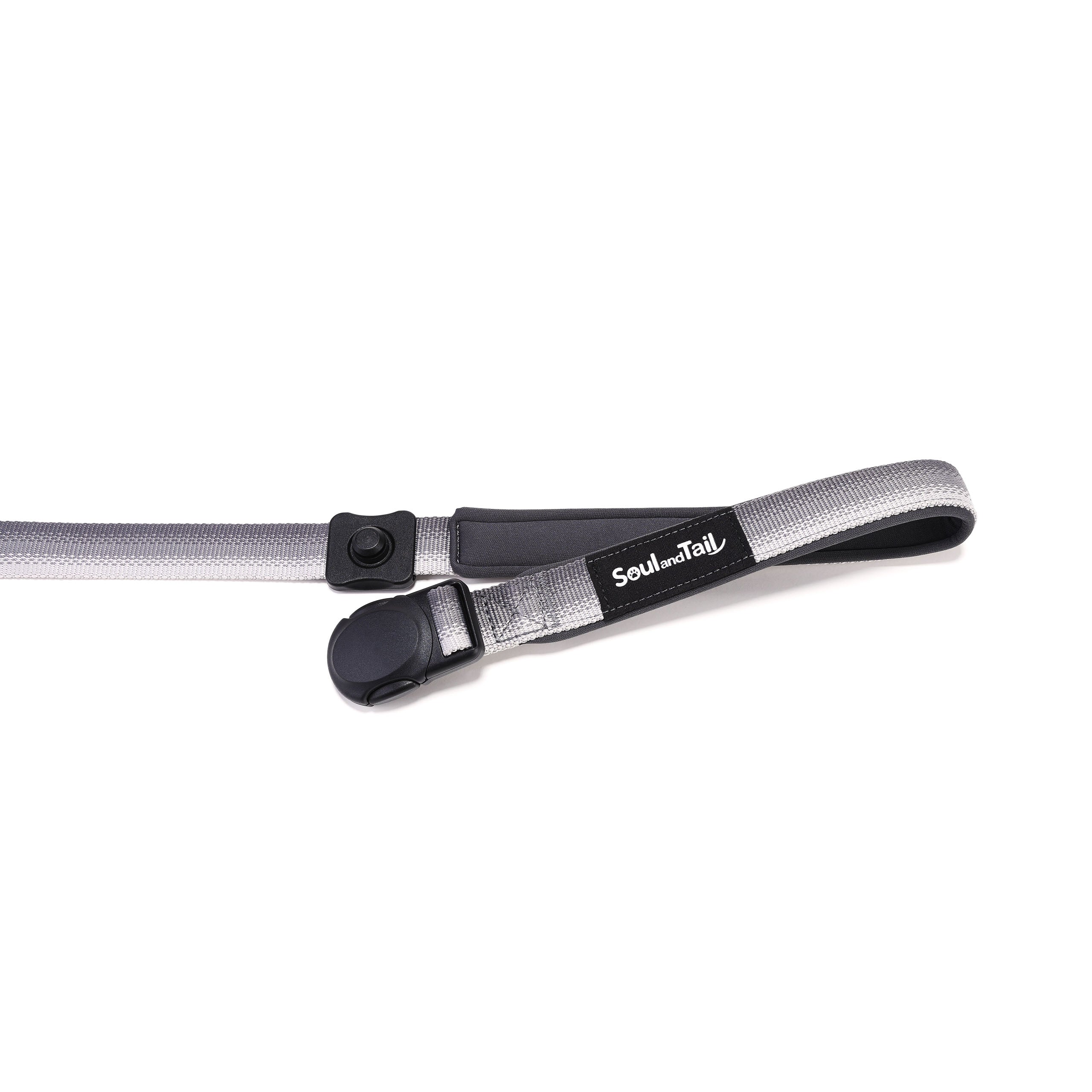Gray dog leash with black magnetic buckle and 'Soul and Tail' branding on a white background