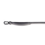 Gray dog leash with a black clip & padded handle on a white background