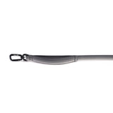 Gray dog leash with a black clip & padded handle on a white background