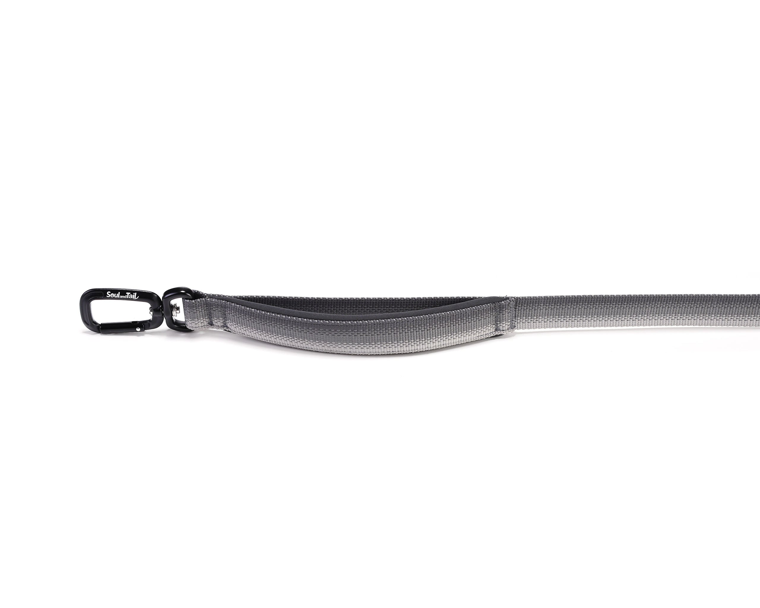 Gray dog leash with a black clip & padded handle on a white background