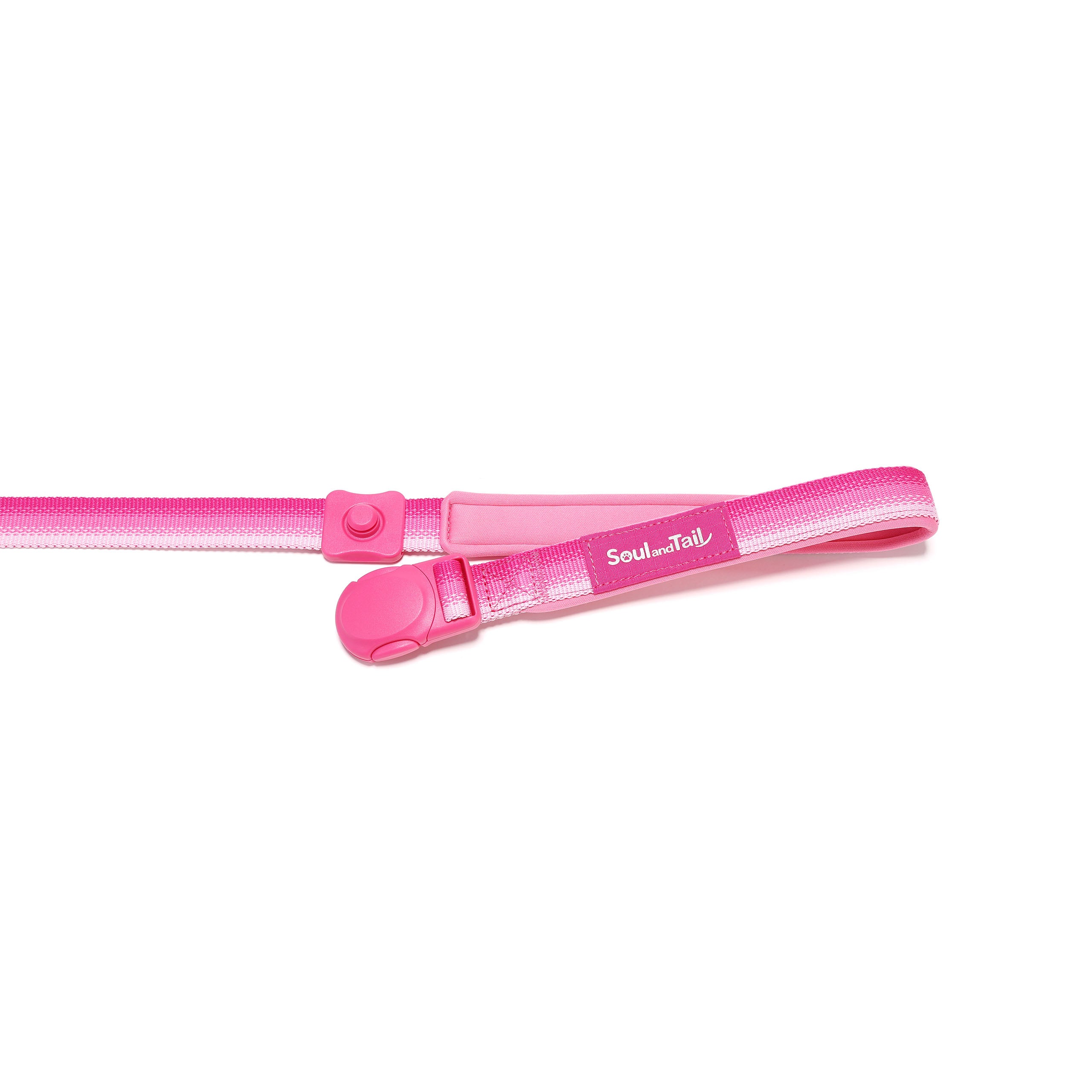 Pink dog leash with a pink magnetic buckle, opened, on a white background