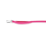 Pink lanyard with a silver clip and pink padded handle on a white background