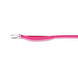 Pink lanyard with a silver clip and pink padded handle on a white background