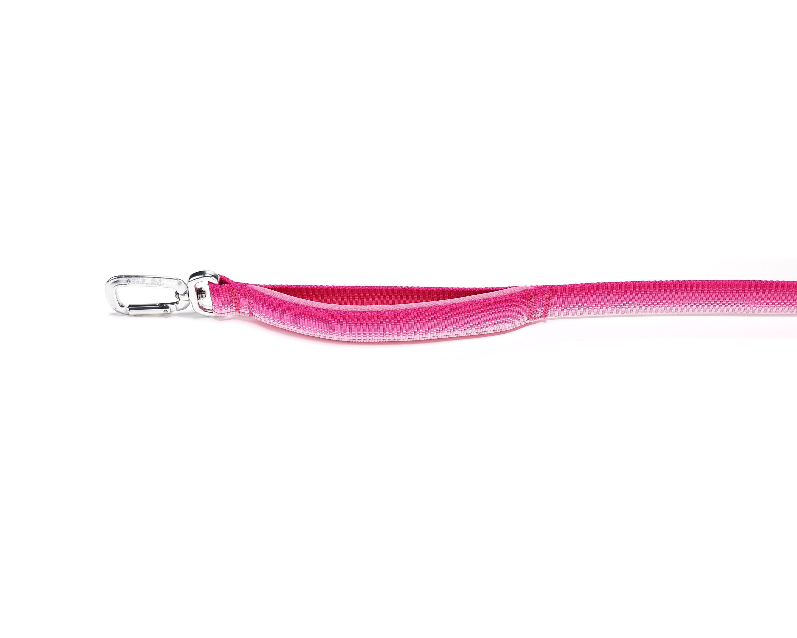 Pink lanyard with a silver clip and pink padded handle on a white background