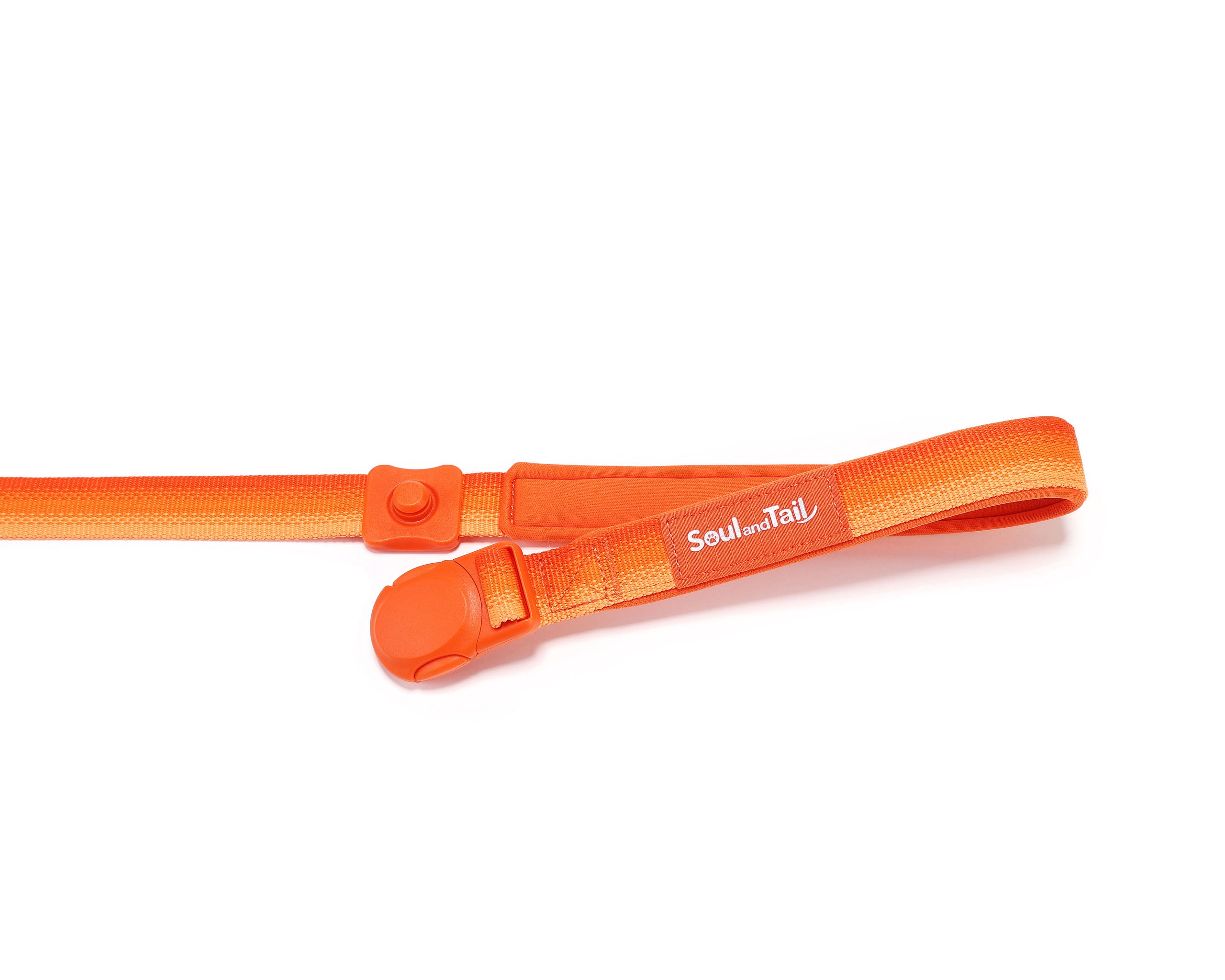 Orange dog leash with a brand logo "Soul and Tail" and an opened orange magnetic buckle on a white background