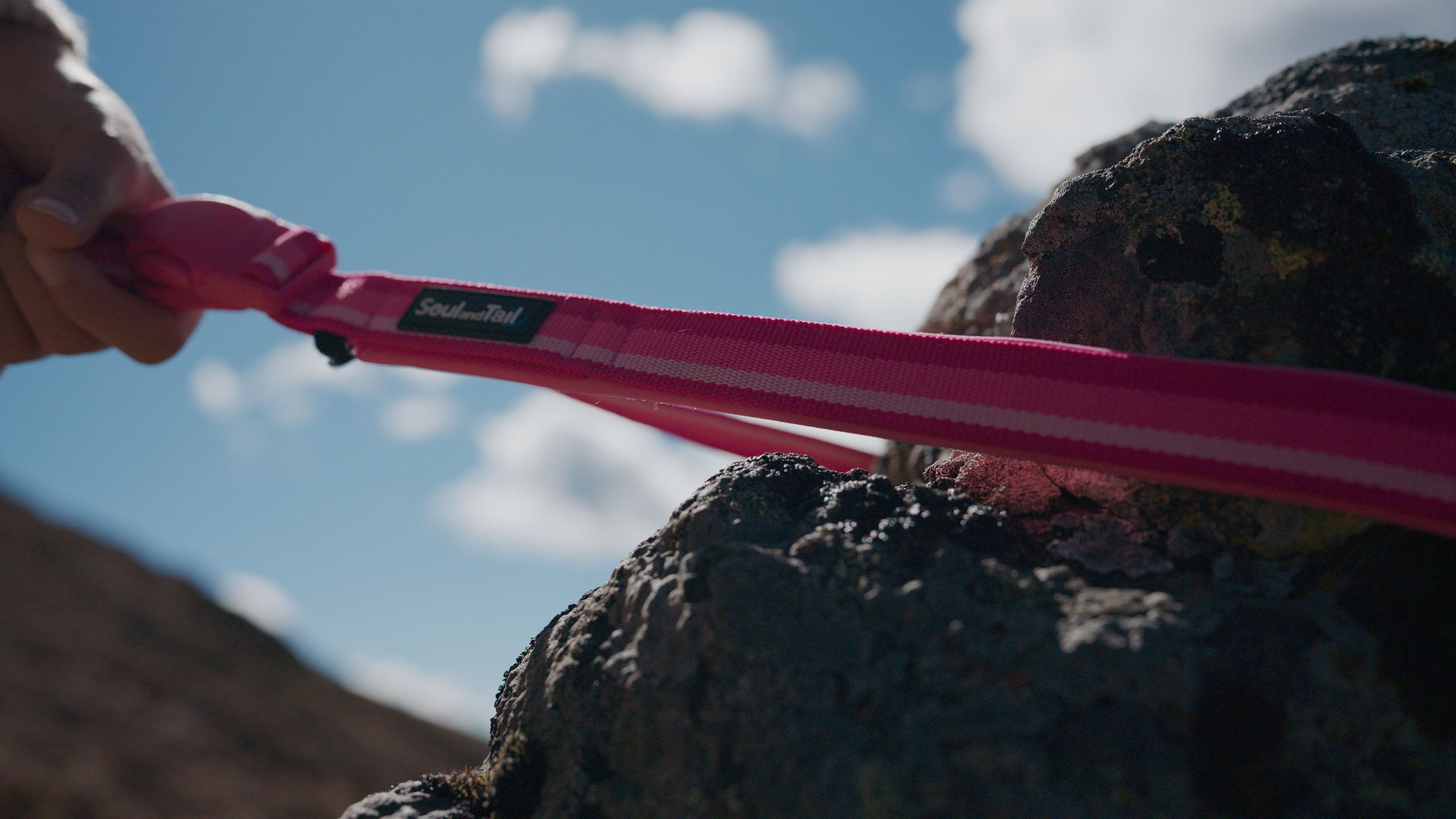 Person sliding a pink magnetic buckle on a dog leash to tie it up on a rocky edge