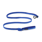 Blue dog leash with bungee section, a black carabiner and a blue magnetic buckle on a white background