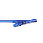 Blue dog leash with a blue magnetic buckle opened on a white background