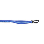 Blue dog leash with a black carabiner & a padded handle on a white background