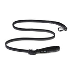 Black dog leash with bungee section, black carabiner, black magnetic buckle on  a white background.