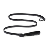 Black dog leash with bungee section, black carabiner, black magnetic buckle on  a white background.