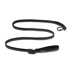 Black dog leash with bungee section, black carabiner, black magnetic buckle on  a white background.