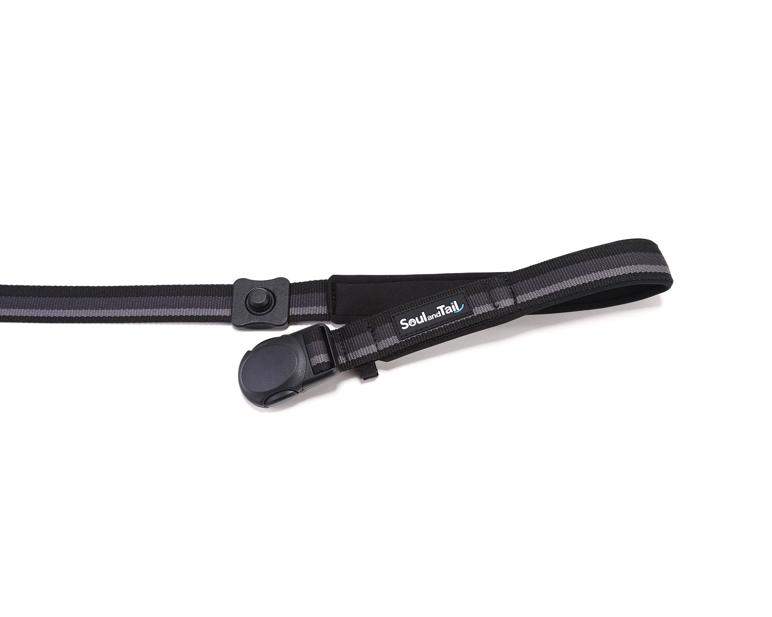Black dog leash with a black magnetic buckle opened, on a white background