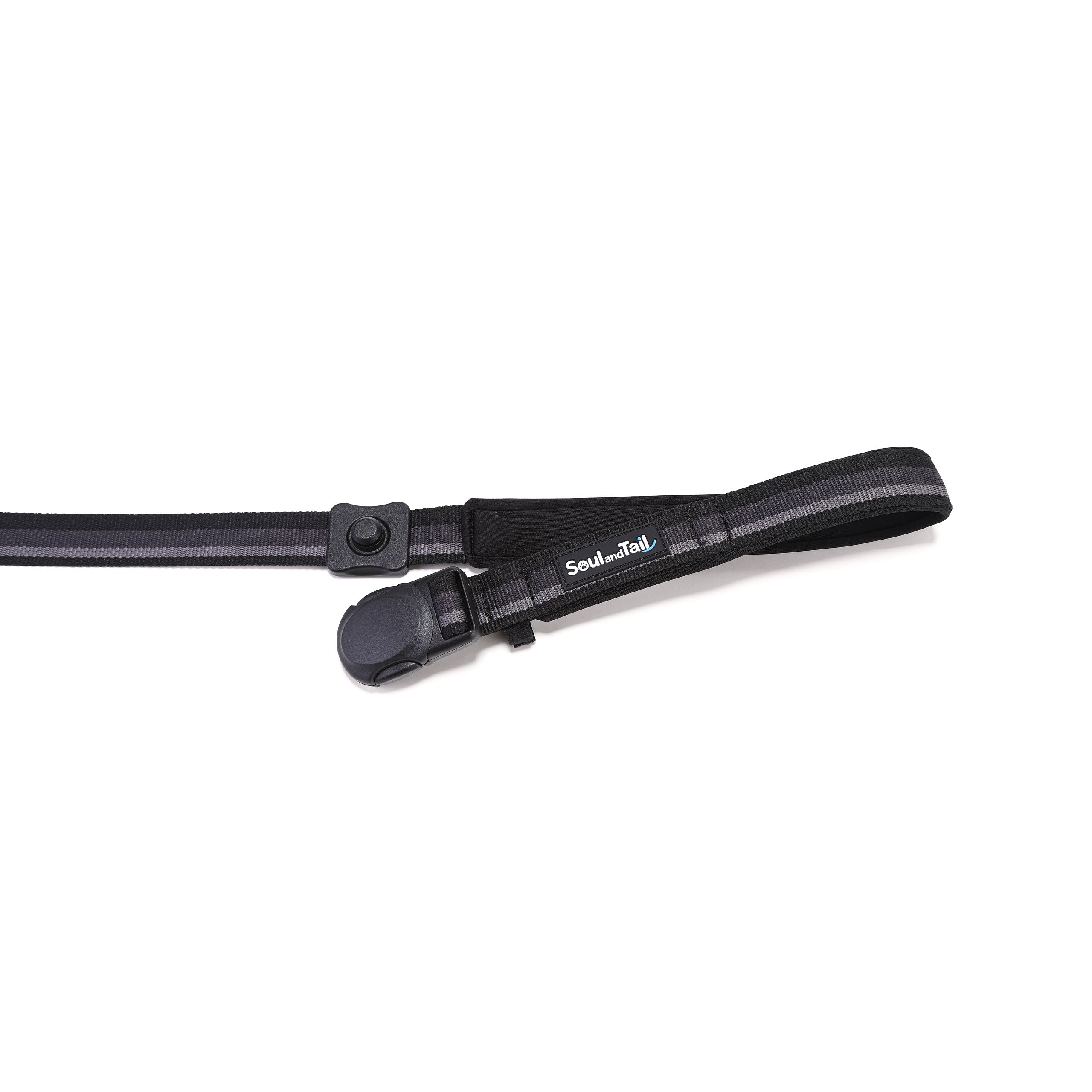 Black dog leash with a black magnetic buckle opened, on a white background