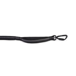 Black dog leash with black carabiner & padded handle on a white background