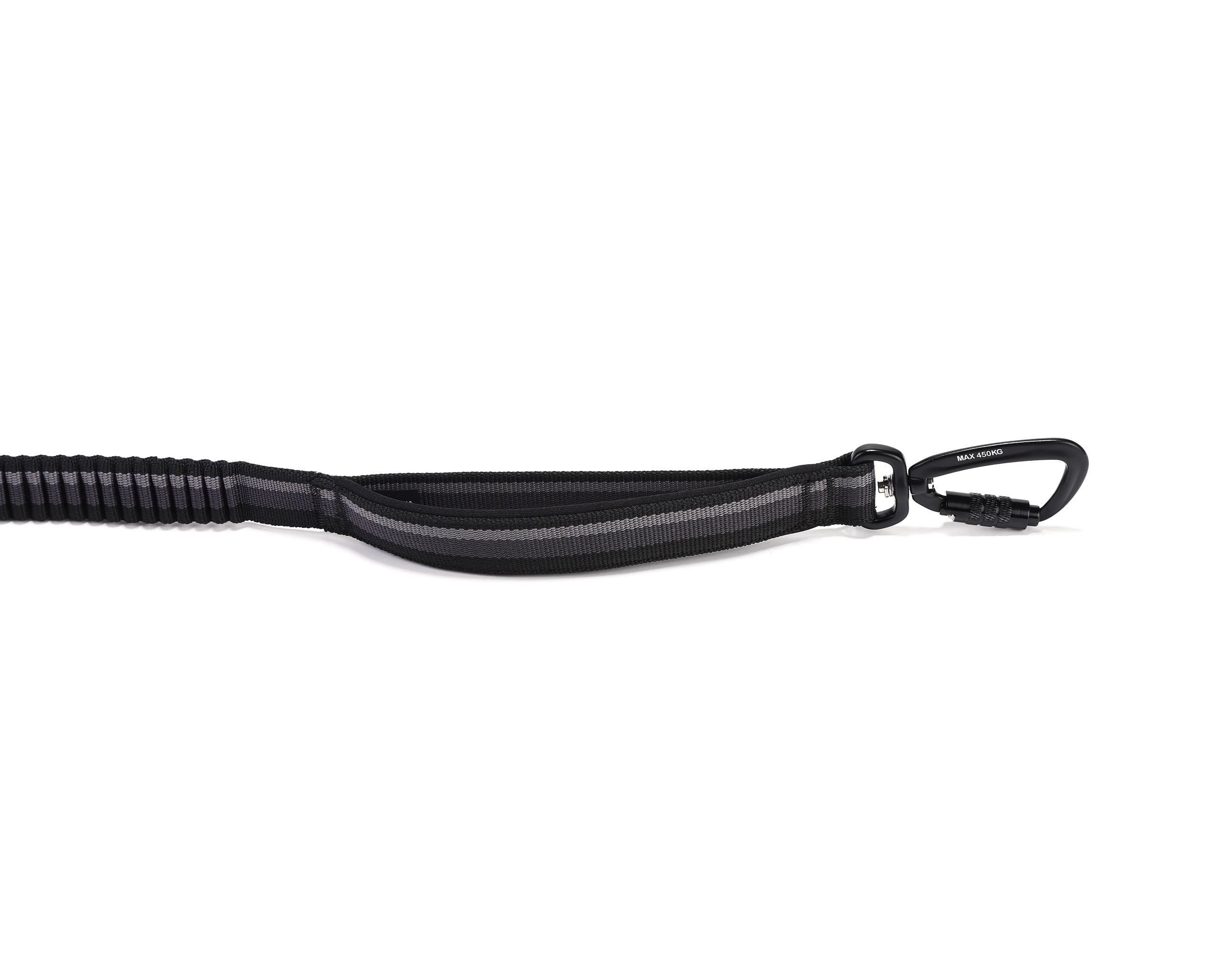 Black dog leash with black carabiner & padded handle on a white background