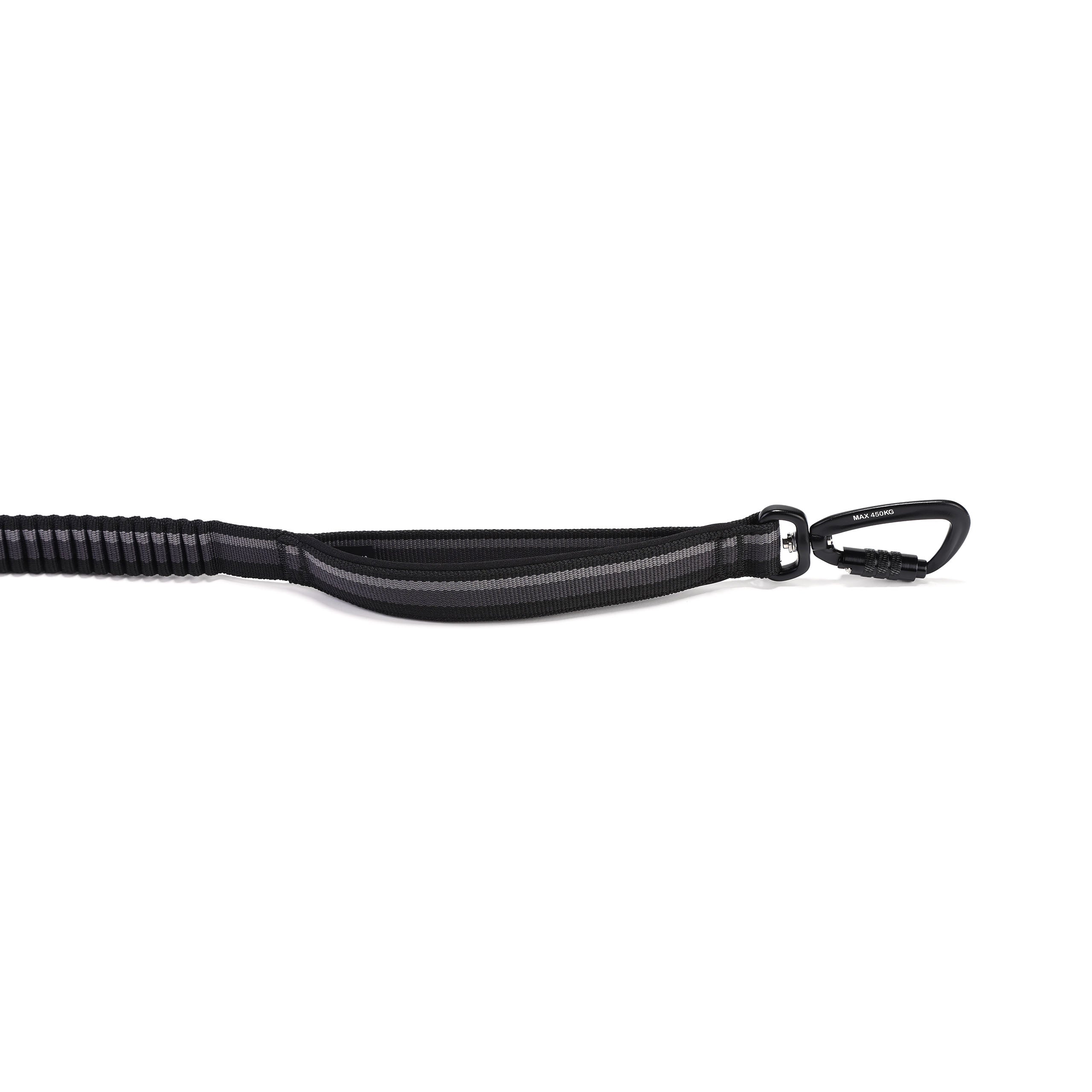 Black dog leash with black carabiner & padded handle on a white background