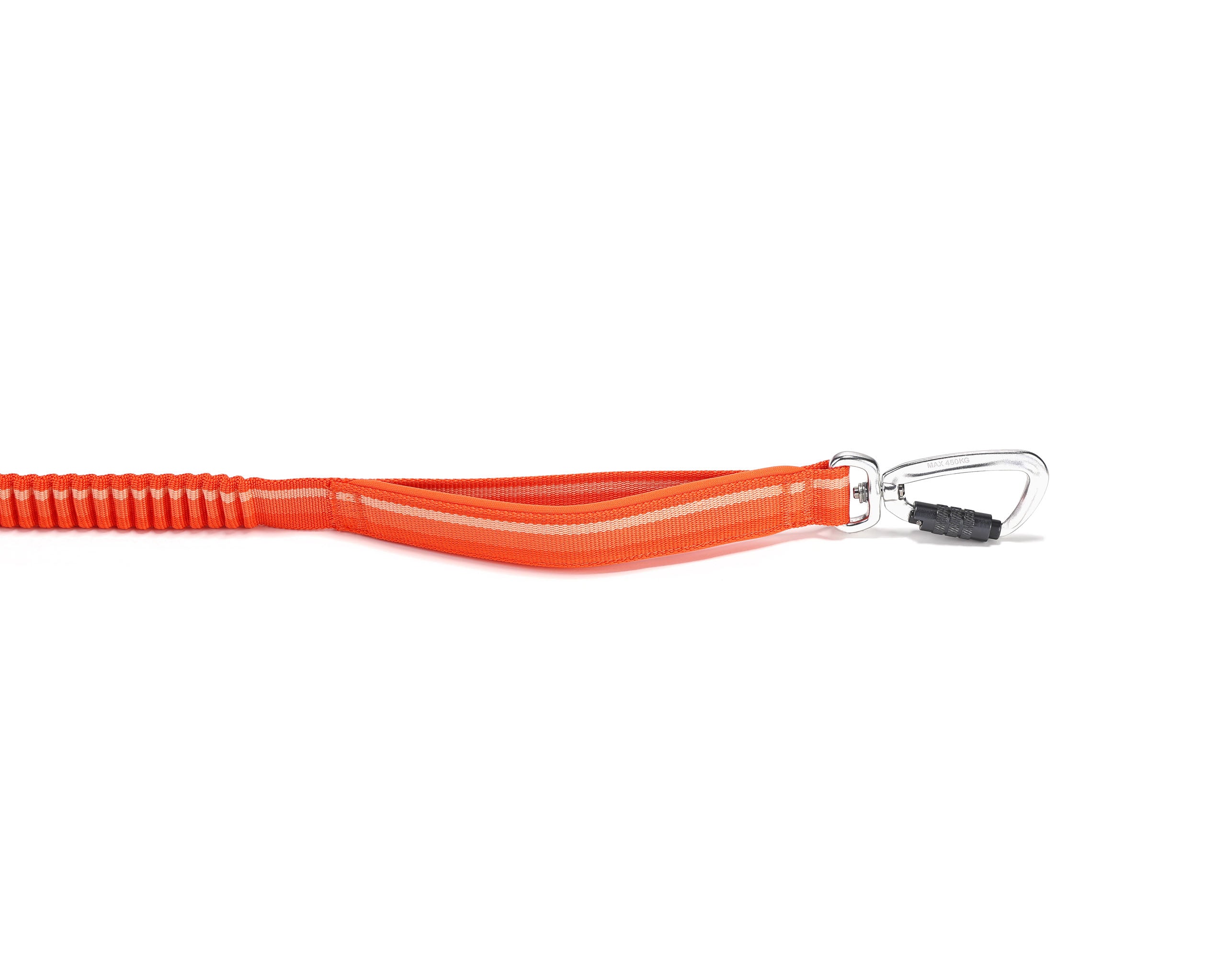 Orange dog leash with padded handle and an aluminum carabiner on a white background