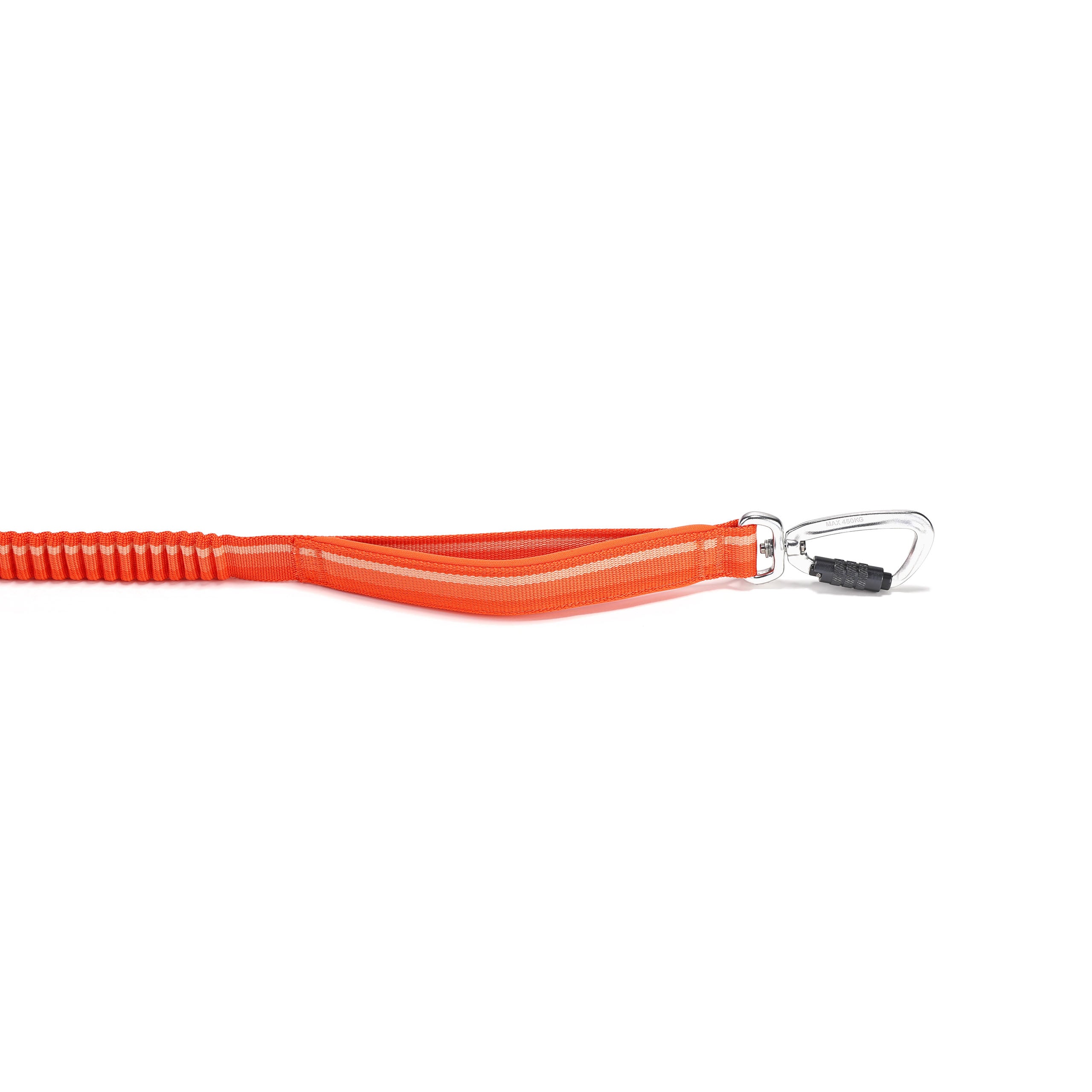 Orange dog leash with padded handle and an aluminum carabiner on a white background