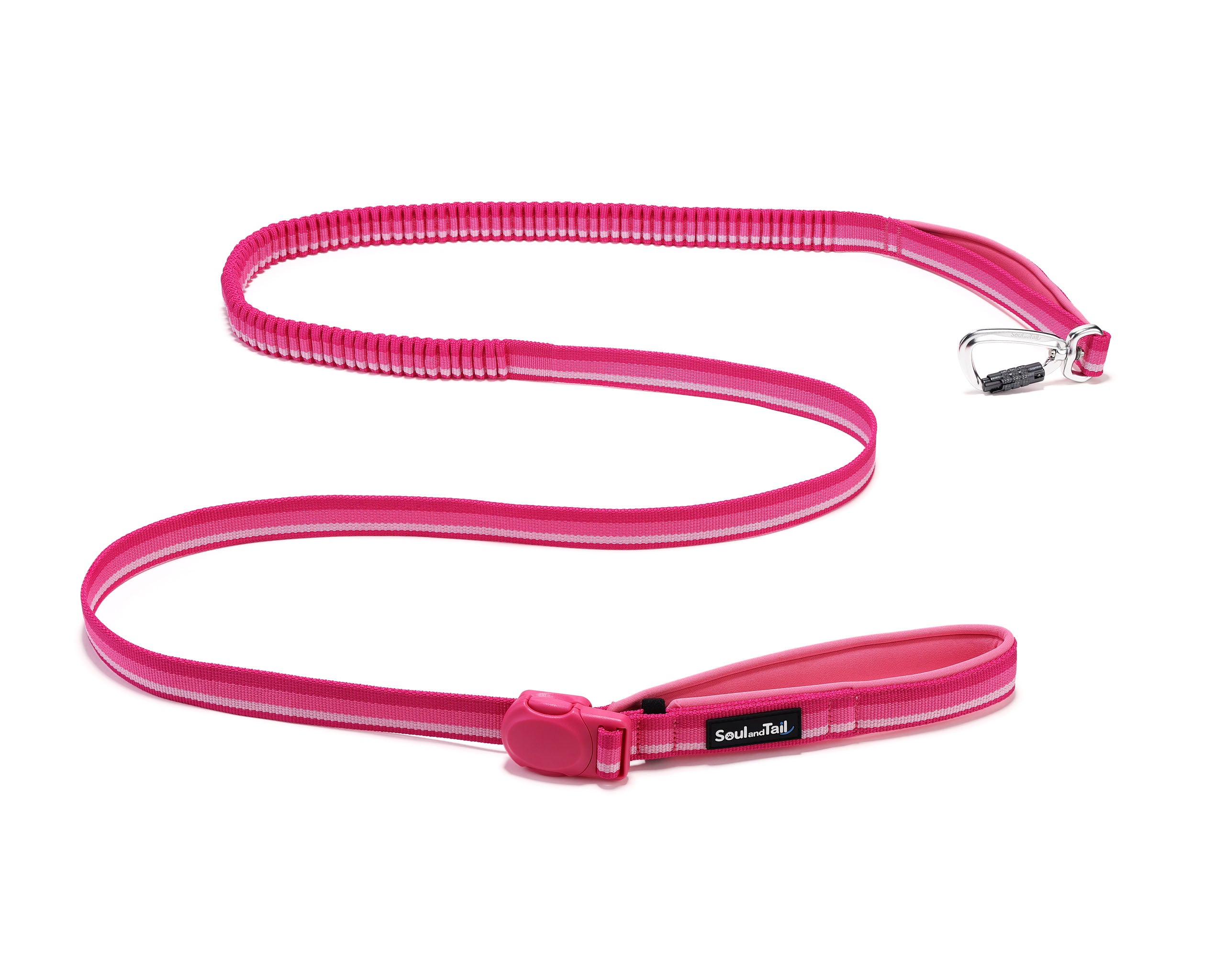 Pink dog leash with an aluminum carabiner & a pink magnetic buckle, lying on a white background