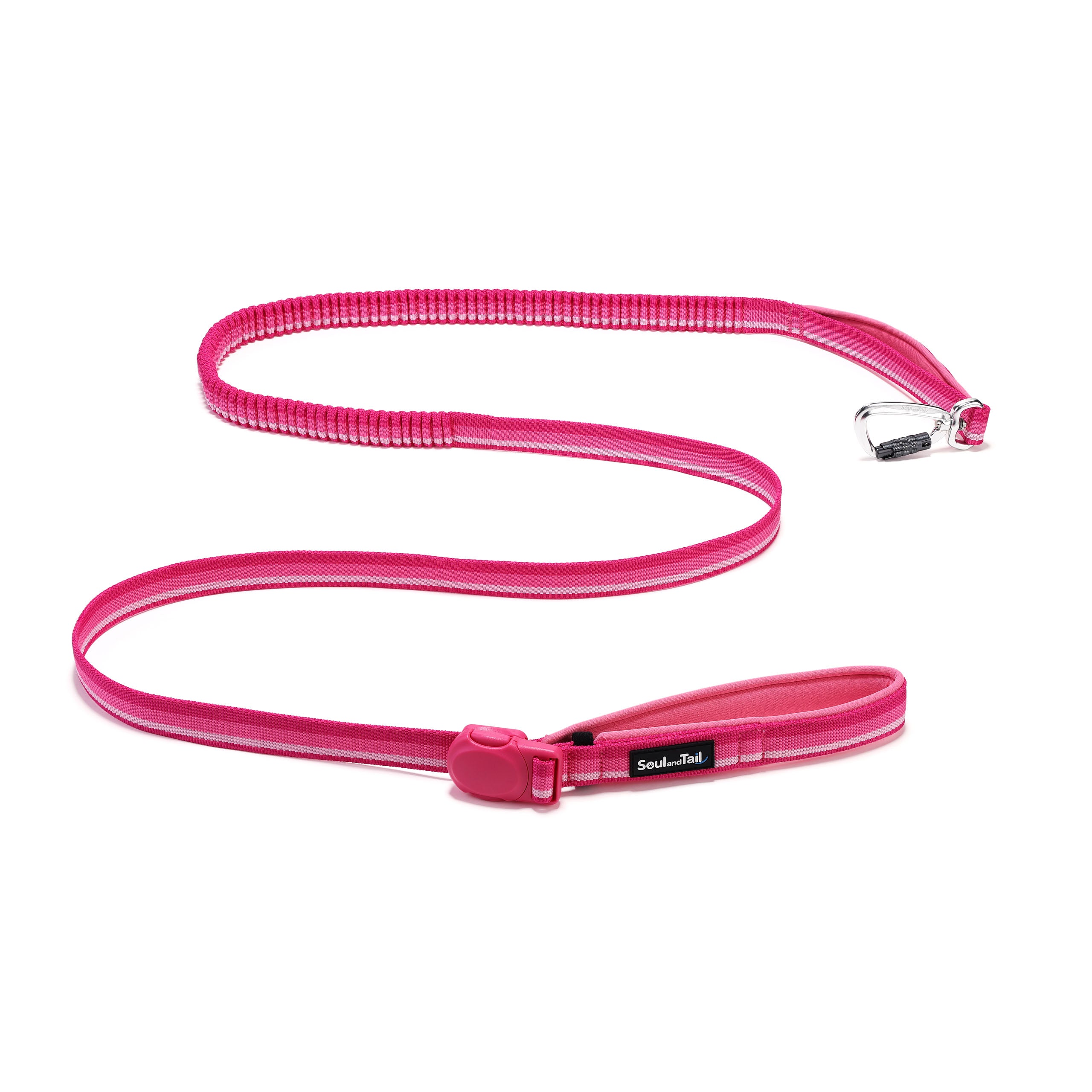Pink dog leash with an aluminum carabiner & a pink magnetic buckle, lying on a white background