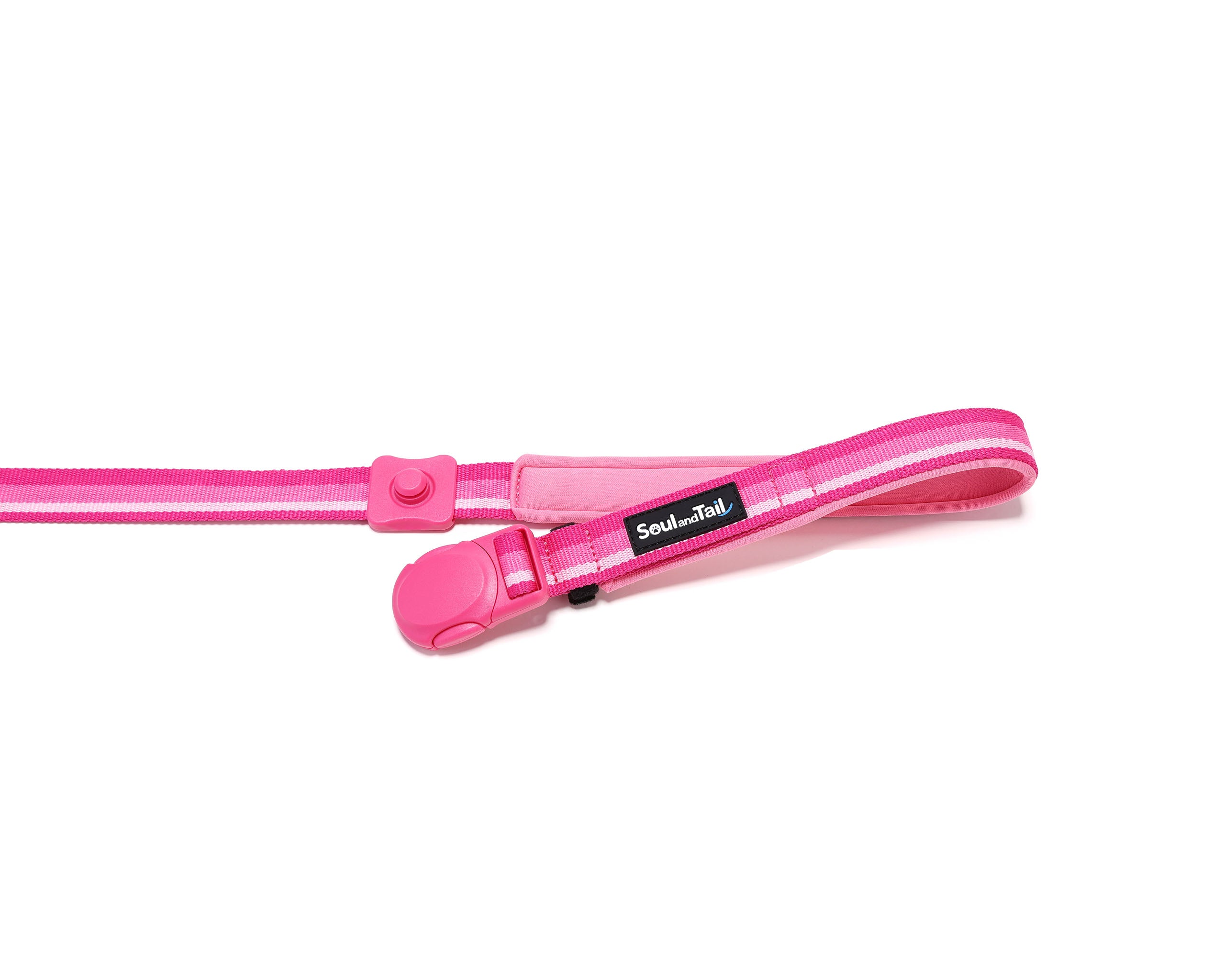 Pink dog leash with a opned magnetic buckle lying flat on a white background
