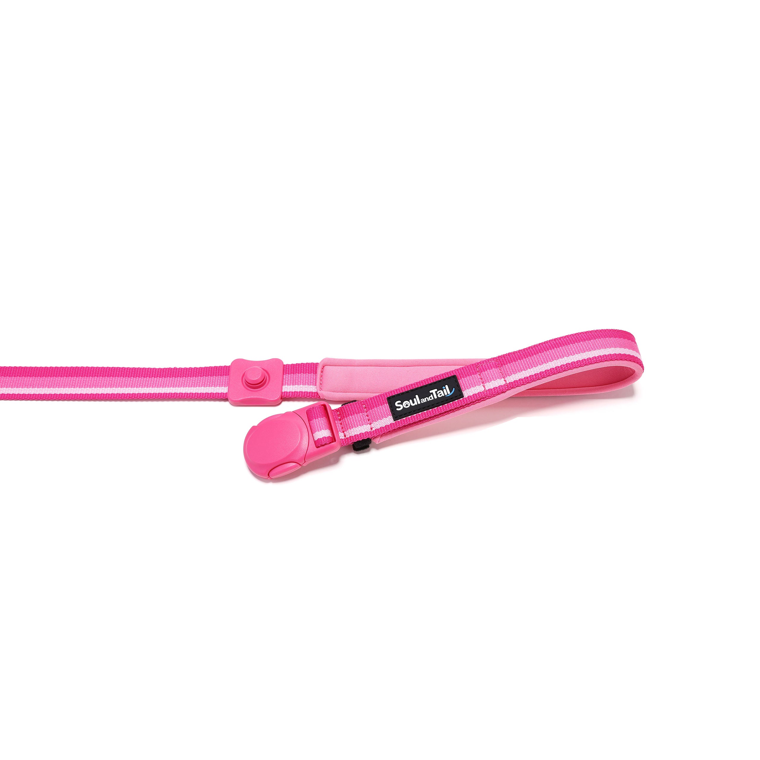 Pink dog leash with a opned magnetic buckle lying flat on a white background