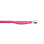 Pink handle of a dog leash with a metal carabiner on a white background, and on the left a small section of bungee section