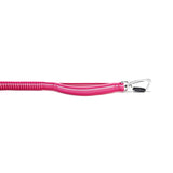 Pink handle of a dog leash with a metal carabiner on a white background, and on the left a small section of bungee section