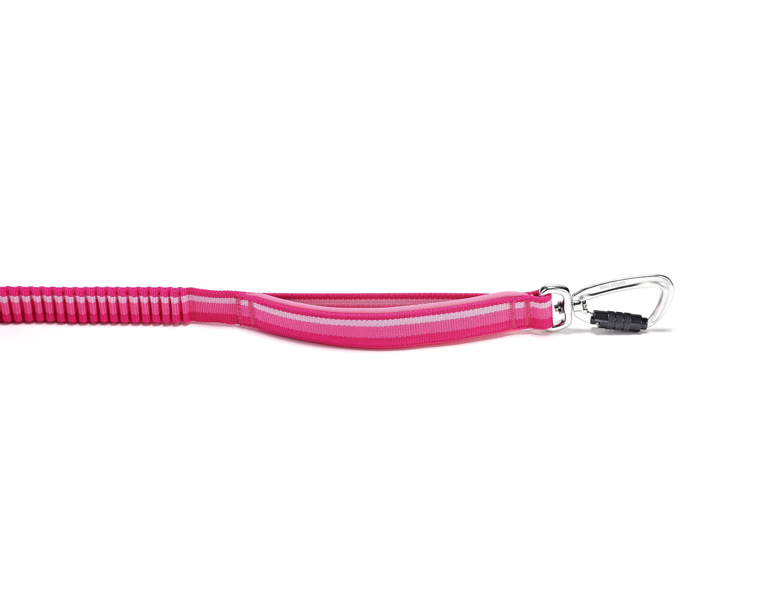Pink handle of a dog leash with a metal carabiner on a white background, and on the left a small section of bungee section