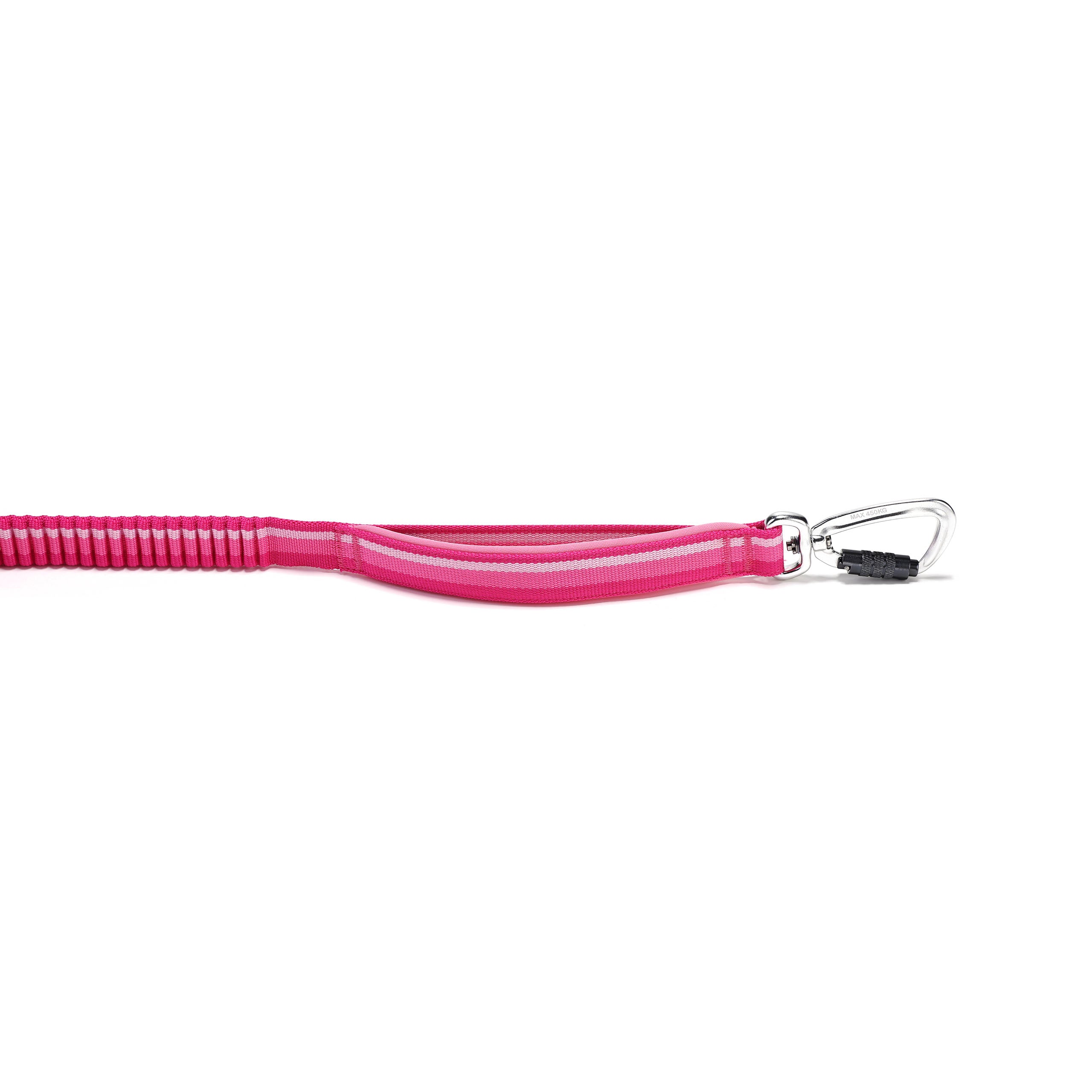 Pink handle of a dog leash with a metal carabiner on a white background, and on the left a small section of bungee section