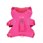 Pink dog harness with 'Soul and Tail' branding on a white background