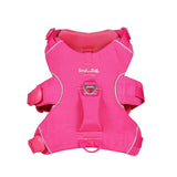 Pink dog harness with 'Soul and Tail' branding on a white background