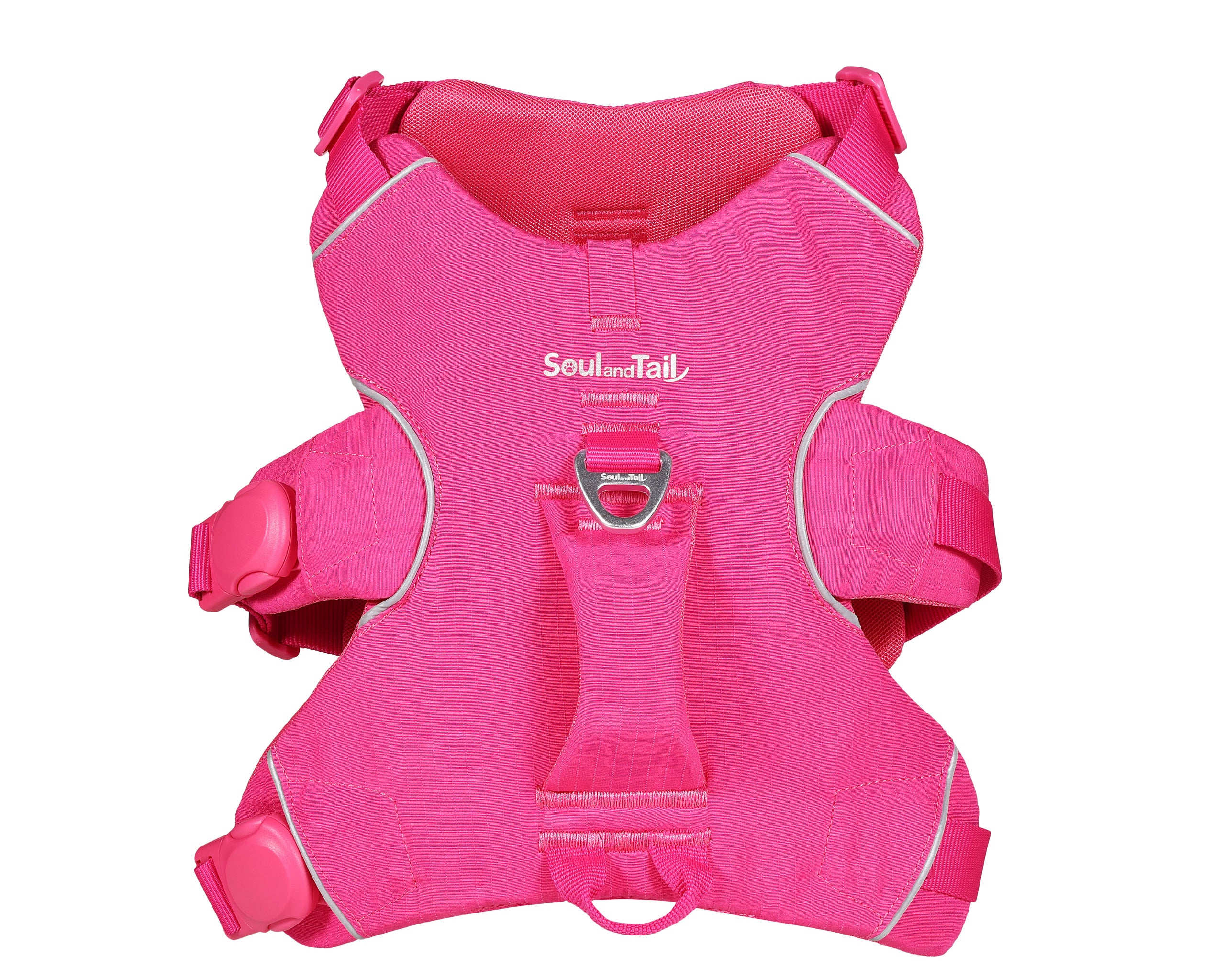 Pink dog harness with 'Soul and Tail' branding on a white background