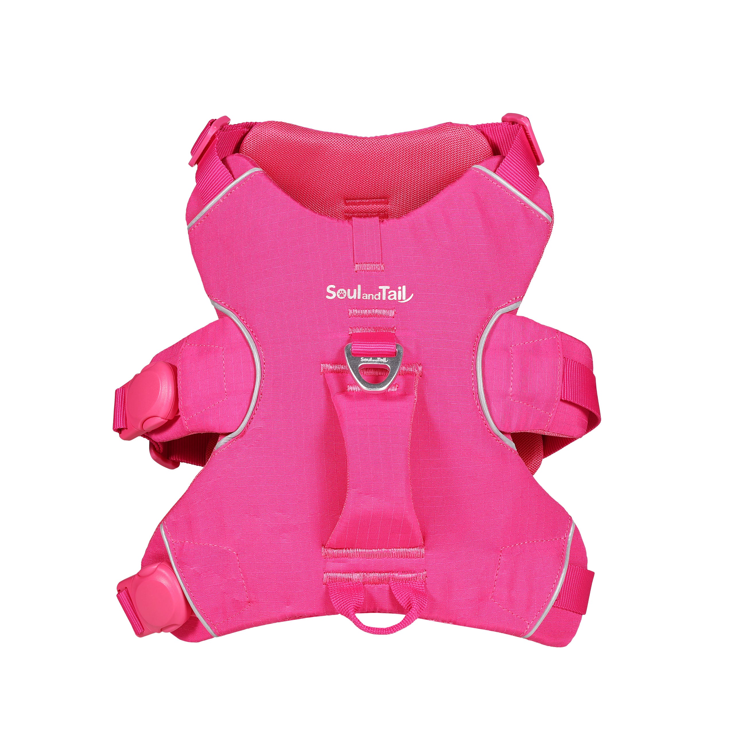 Pink dog harness with 'Soul and Tail' branding on a white background