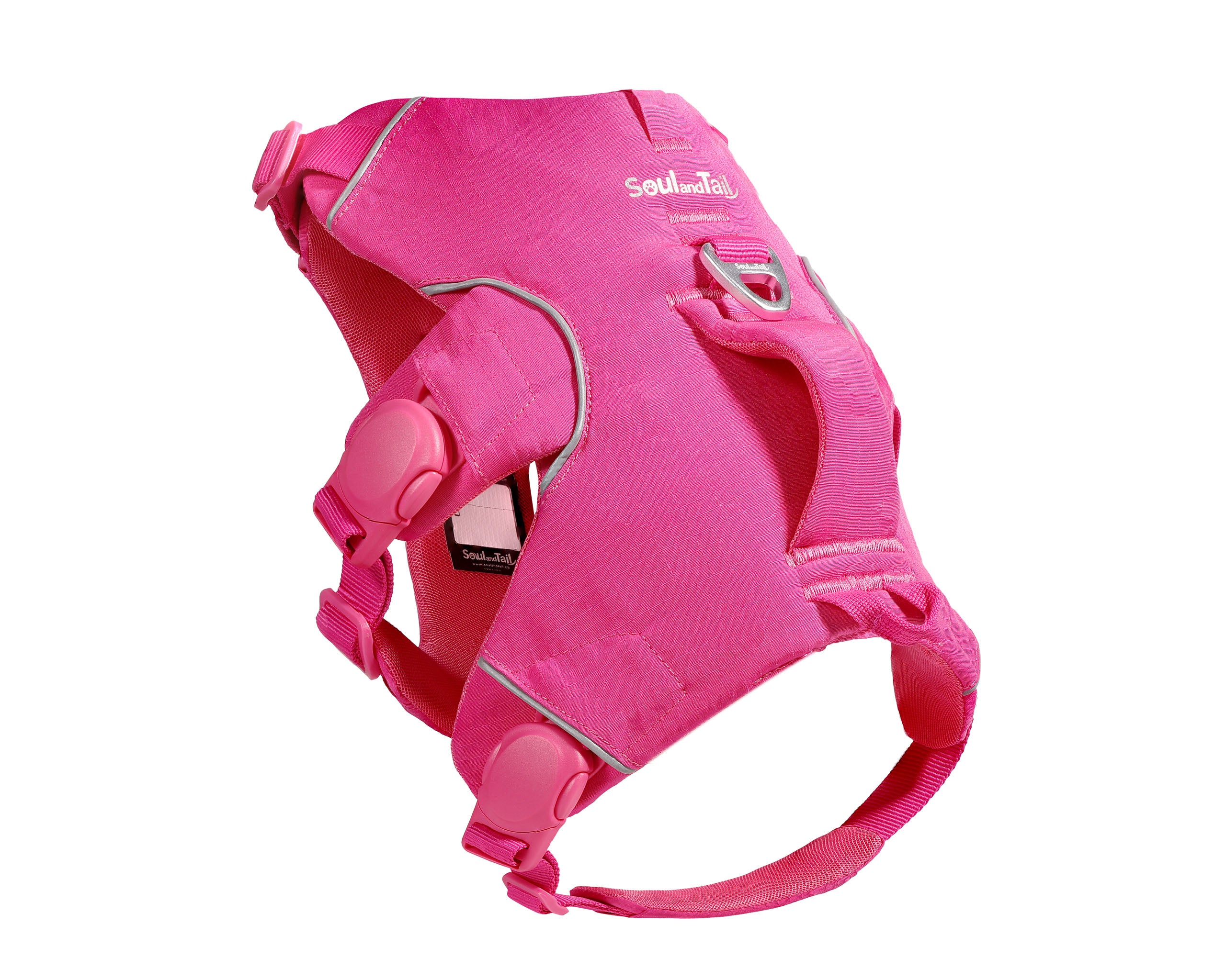 Pink dog harness with visible brand logo "Soul and Tail" on a white background