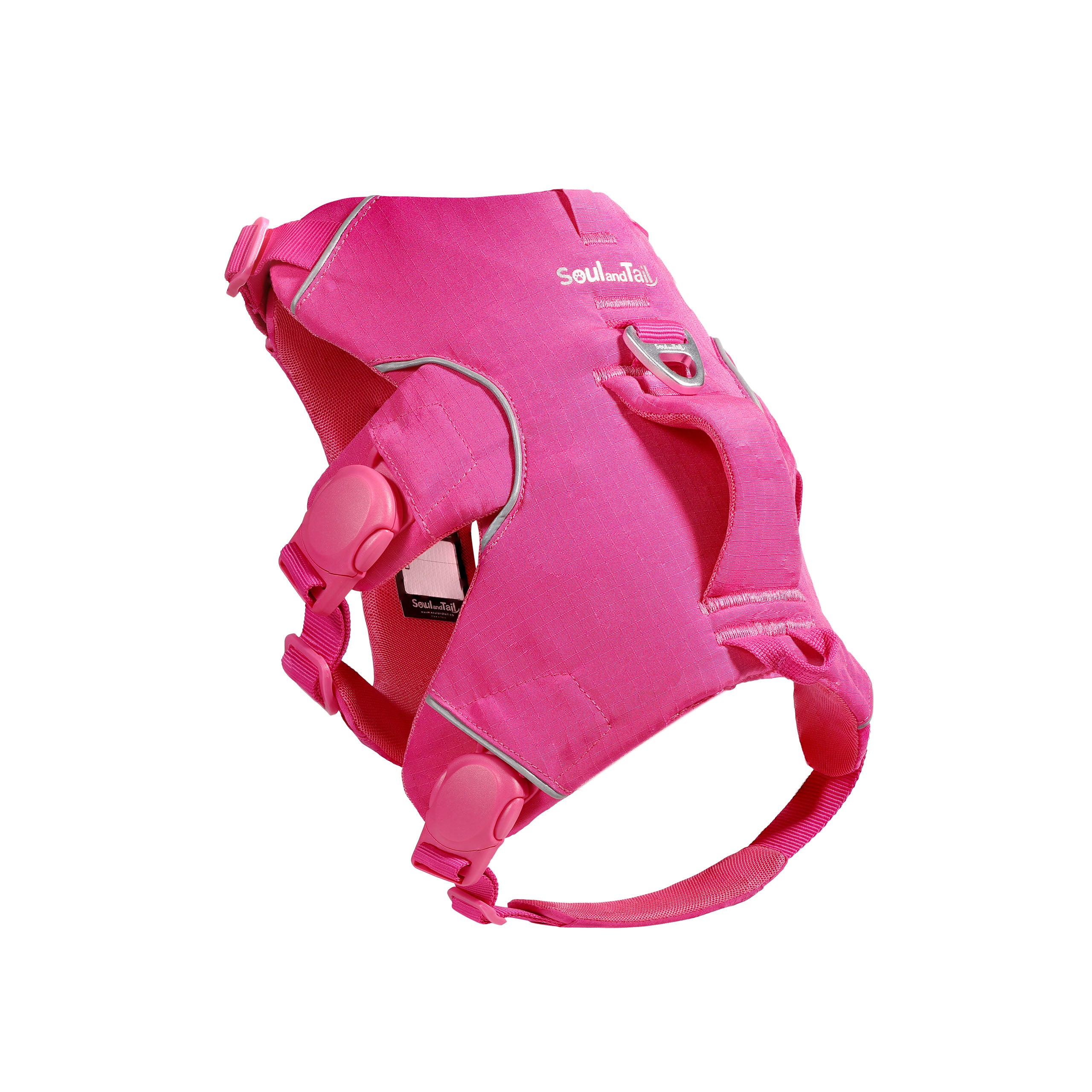 Pink dog harness with visible brand logo "Soul and Tail" on a white background
