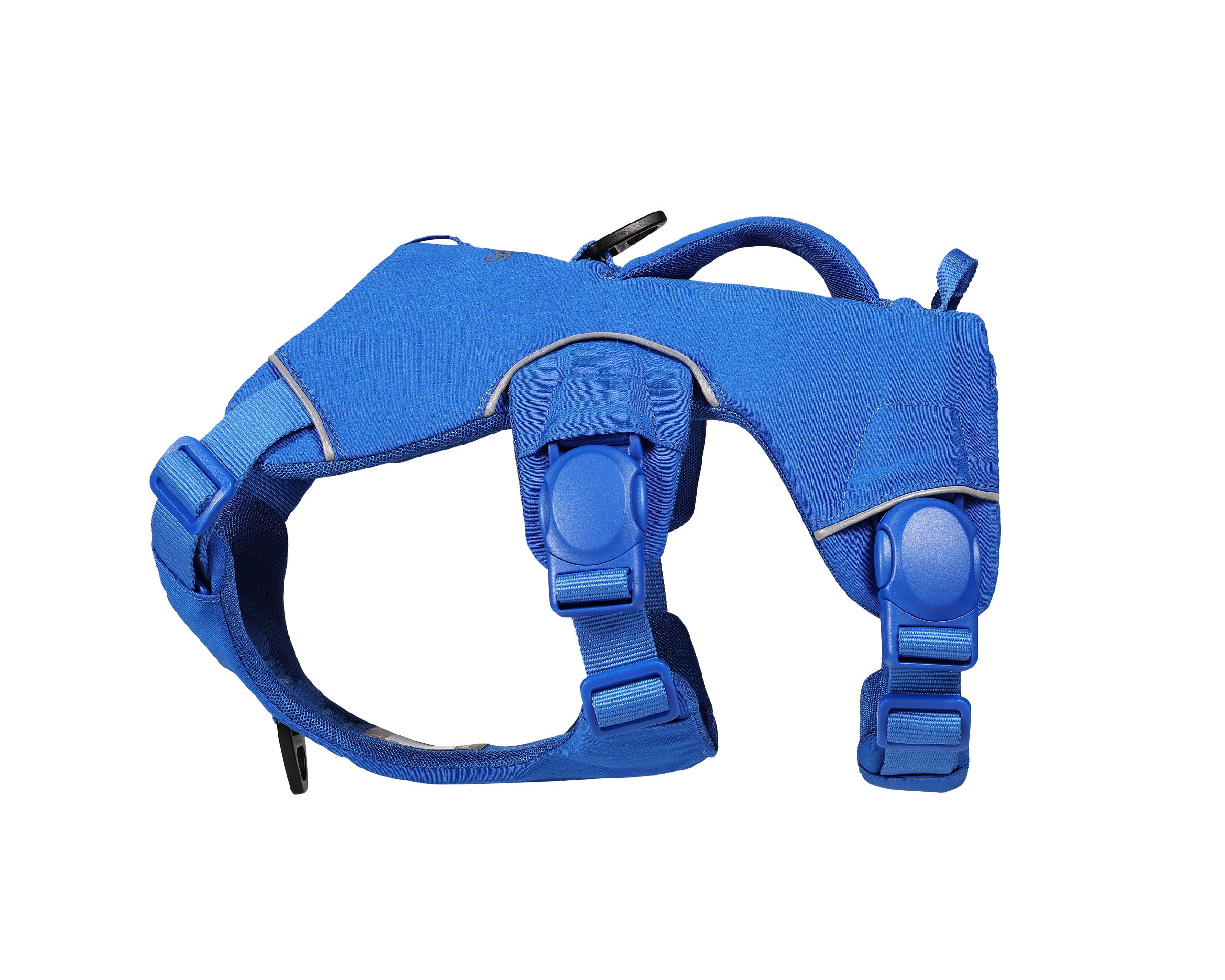 Blue dog harness on a white background