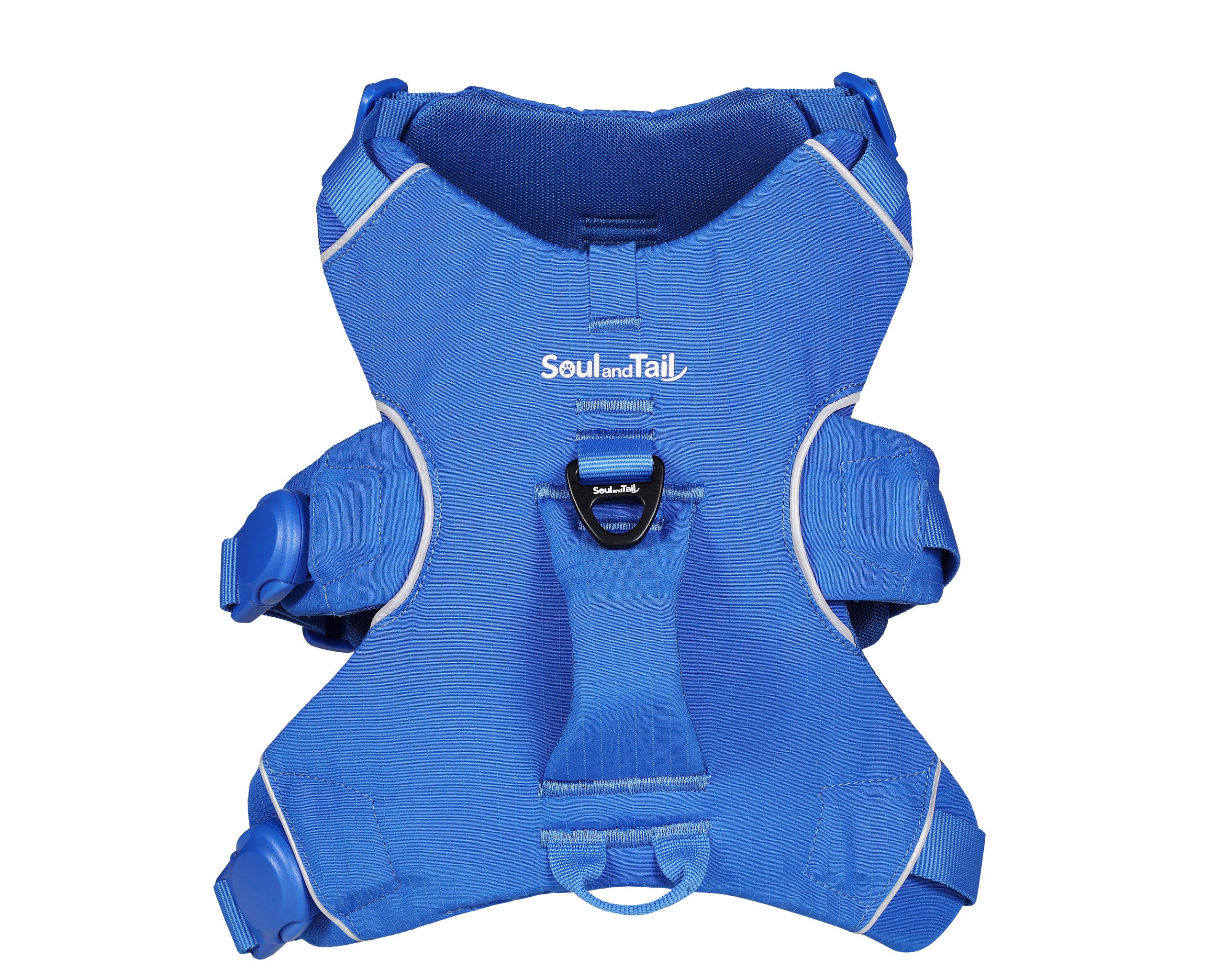 Blue dog harness with 'Soul and Tail' branding on a white background