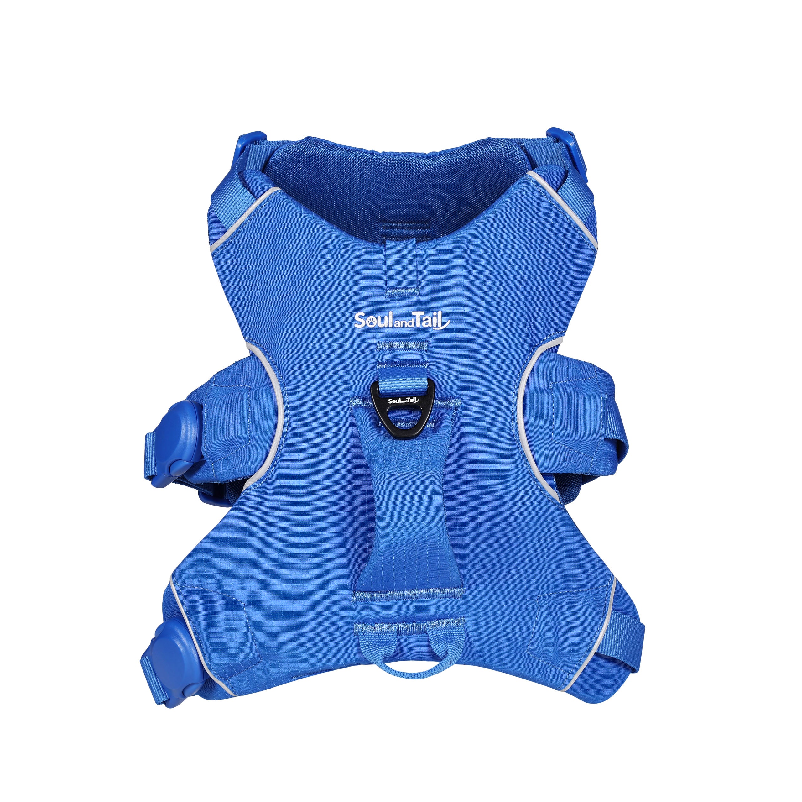 Blue dog harness with 'Soul and Tail' branding on a white background