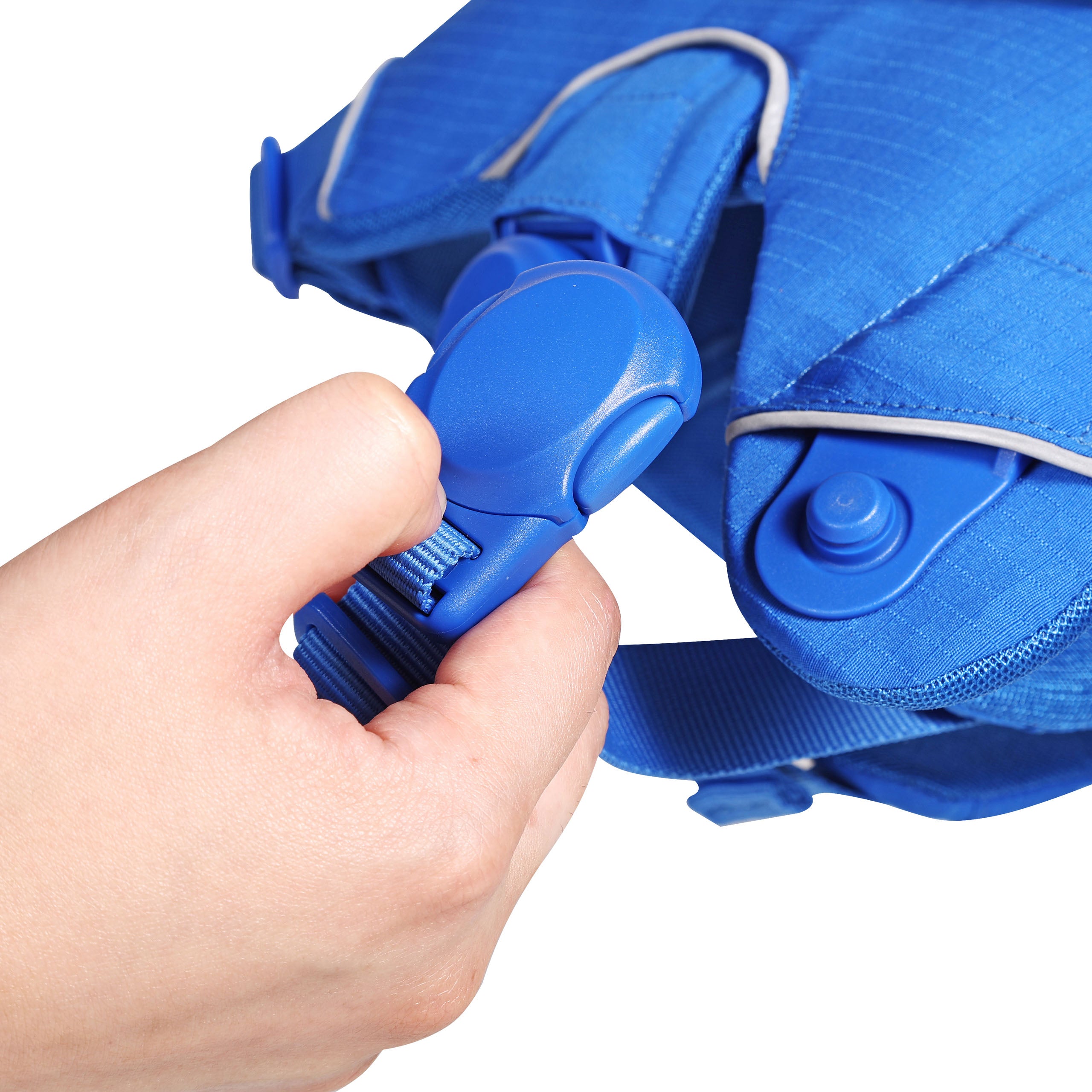 Hand adjusting a blue strap on a blue harness, trying to close the magnetic buckle, against a white background